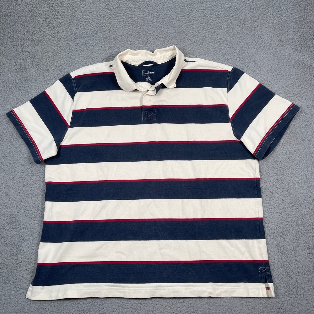 LL Bean Rugby Shirt Mens XL Blue Striped Heavy Cotton Short Sleeve Polo Prep Ivy